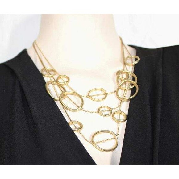 New Chico's Gold Tone Oval Circle Link Layered 3 Strand Modernist 21" Necklace - Picture 3 of 5